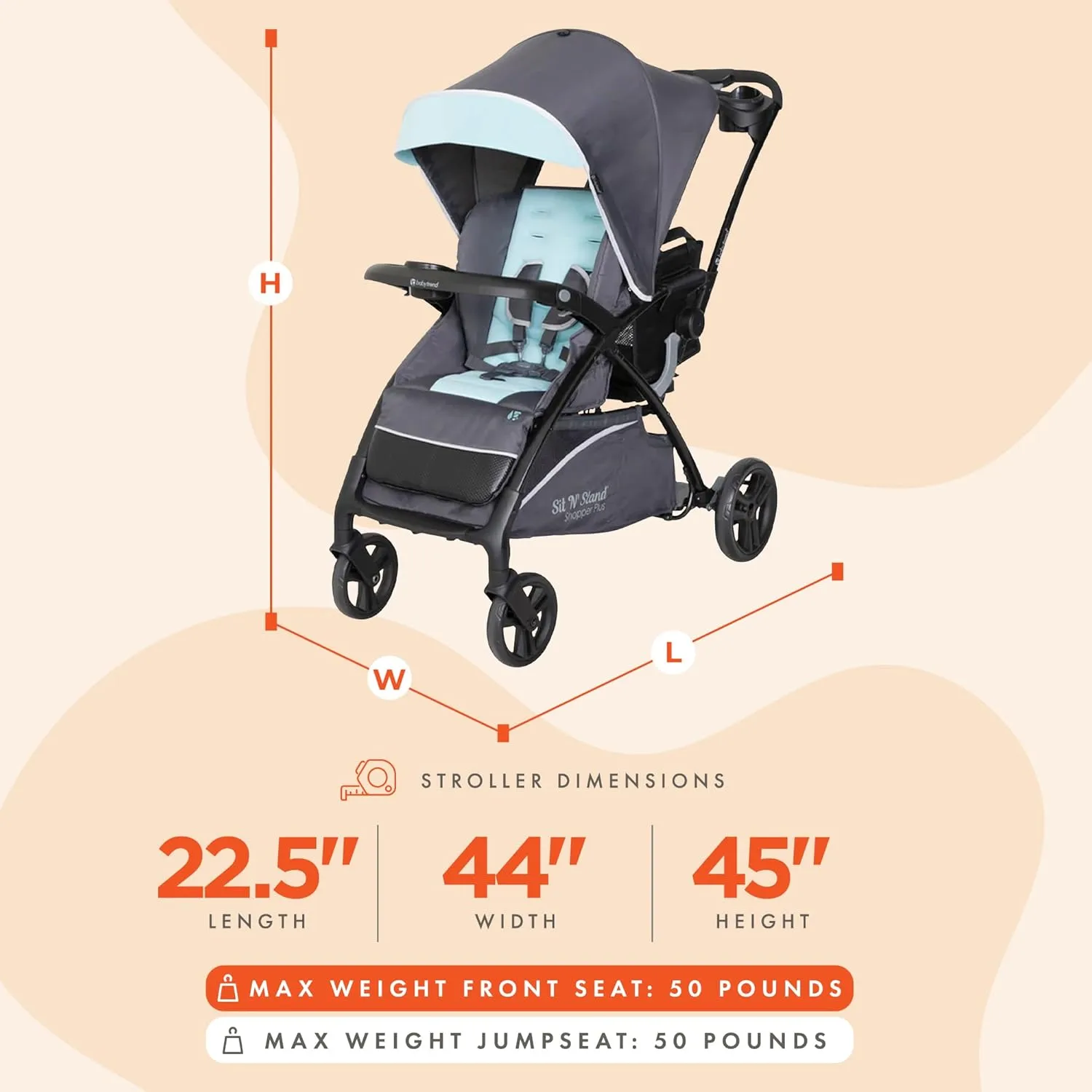 Baby Trend Sit N’ Stand® 5-in-1 Shopper Plus Stroller, Blue Mist