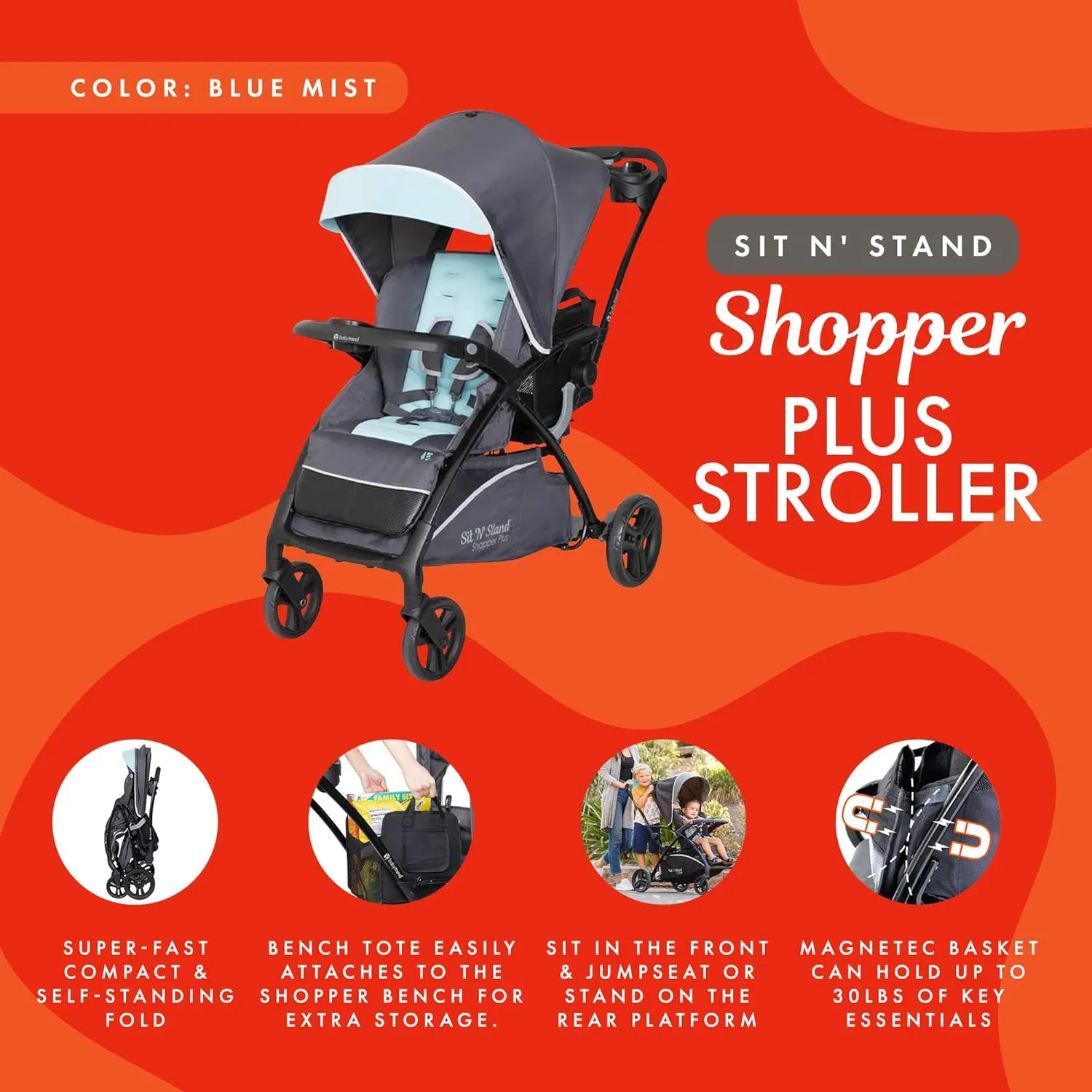 Baby Trend Sit N’ Stand® 5-in-1 Shopper Plus Stroller, Blue Mist