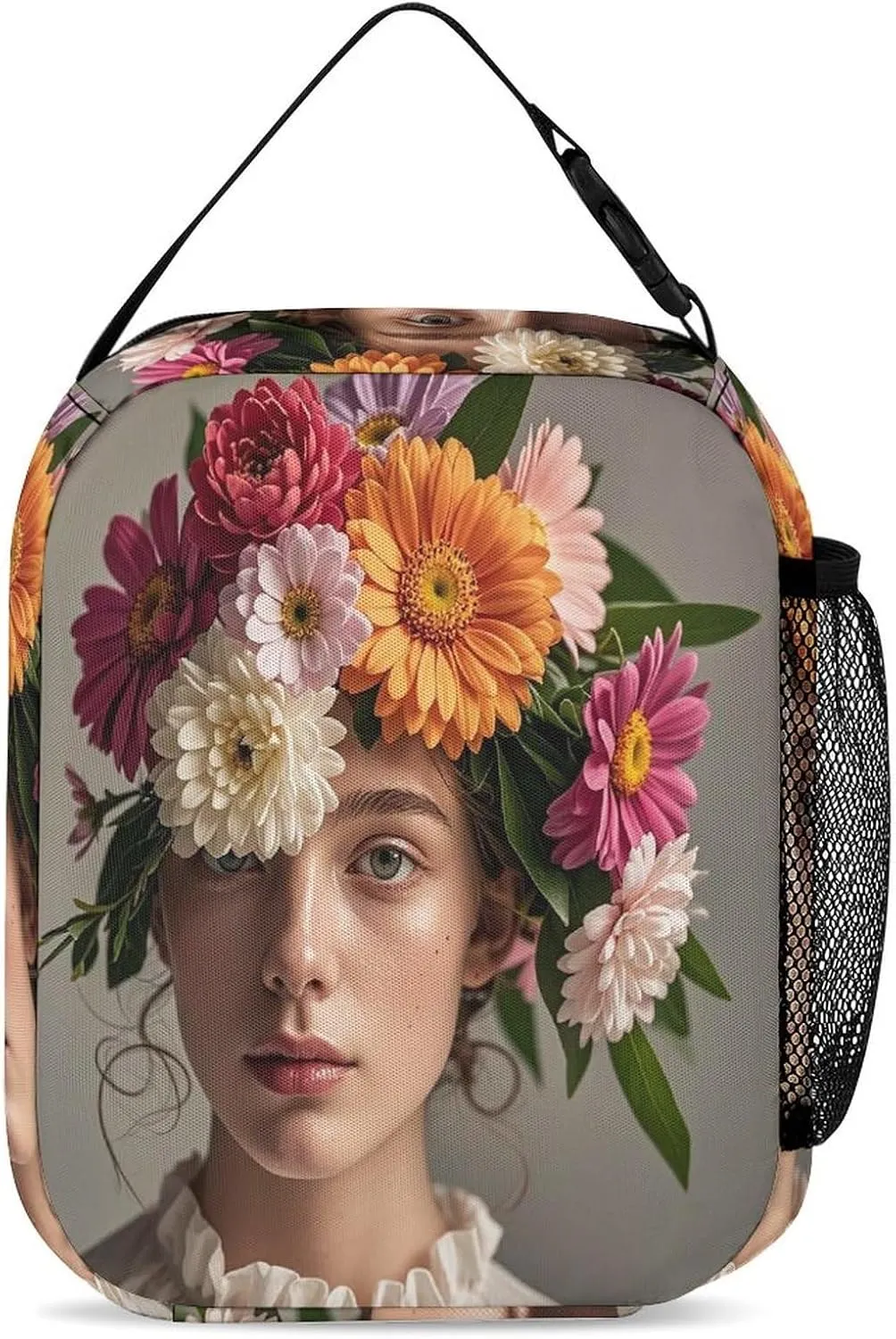 Backpack Lunch Bag Pencil Pouch Set, Head Wearing Floral Vortex Shape Print Lightweight & Durable 3-Piece Combo Ideal for Work, And Travel