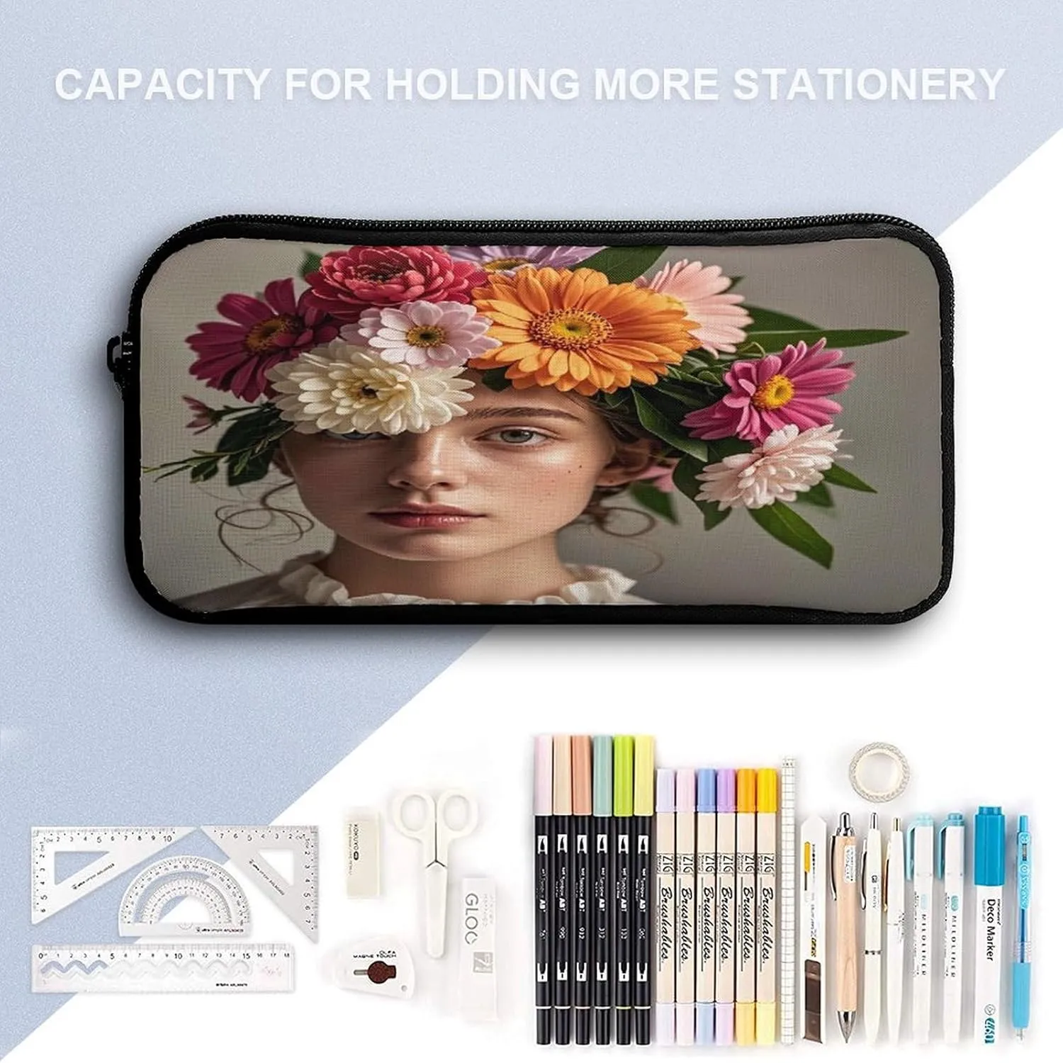 Backpack Lunch Bag Pencil Pouch Set, Head Wearing Floral Vortex Shape Print Lightweight & Durable 3-Piece Combo Ideal for Work, And Travel