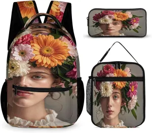 Backpack Lunch Bag Pencil Pouch Set, Head Wearing Floral Vortex Shape Print Lightweight & Durable 3-Piece Combo Ideal for Work, And Travel