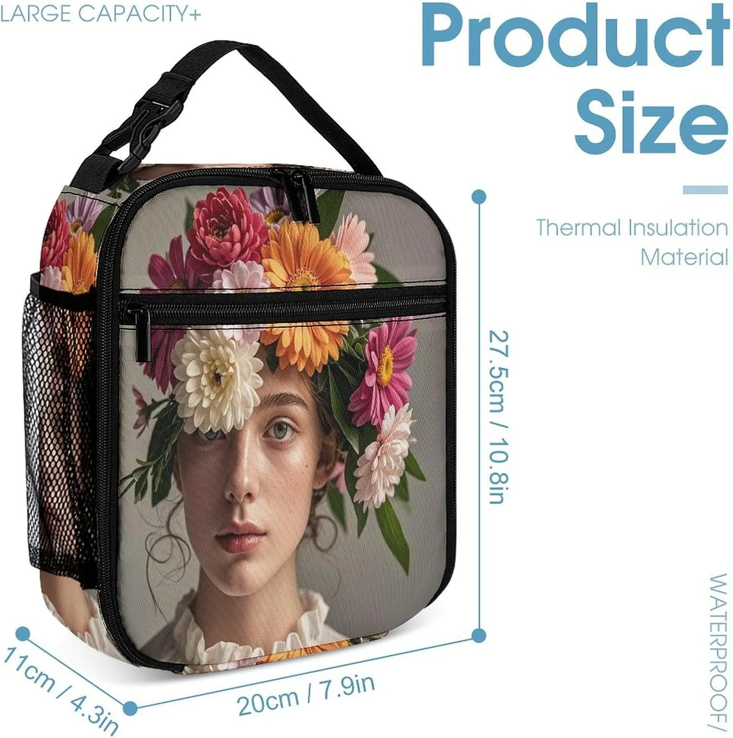 Backpack Lunch Bag Pencil Pouch Set, Head Wearing Floral Vortex Shape Print Lightweight & Durable 3-Piece Combo Ideal for Work, And Travel