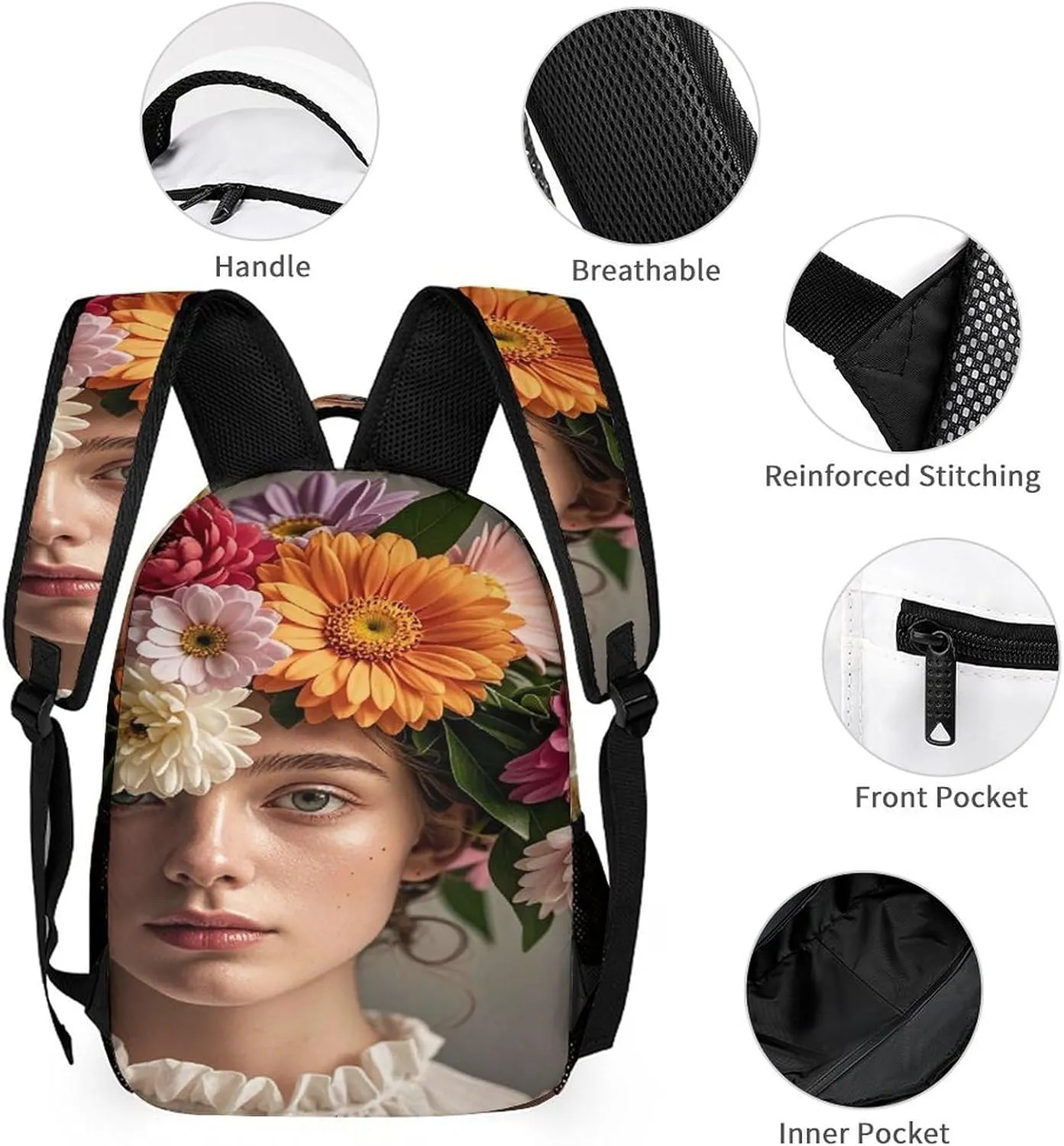 Backpack Lunch Bag Pencil Pouch Set, Head Wearing Floral Vortex Shape Print Lightweight & Durable 3-Piece Combo Ideal for Work, And Travel