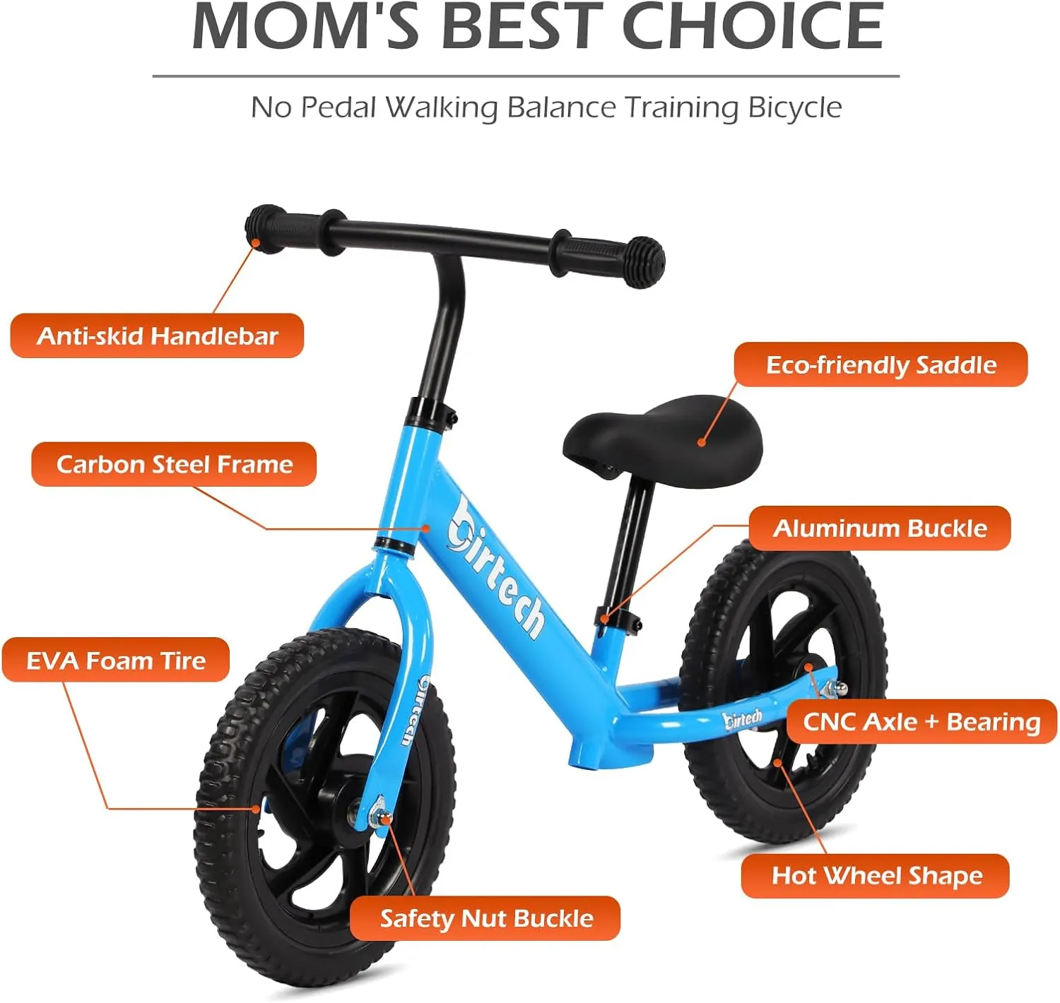 Balance Bike for 2-5 Year Old, 12 Inch Toddler Bike No Pedal Training Bicycle with Adjustable Seat Height, Airless Tire (Light Blue)