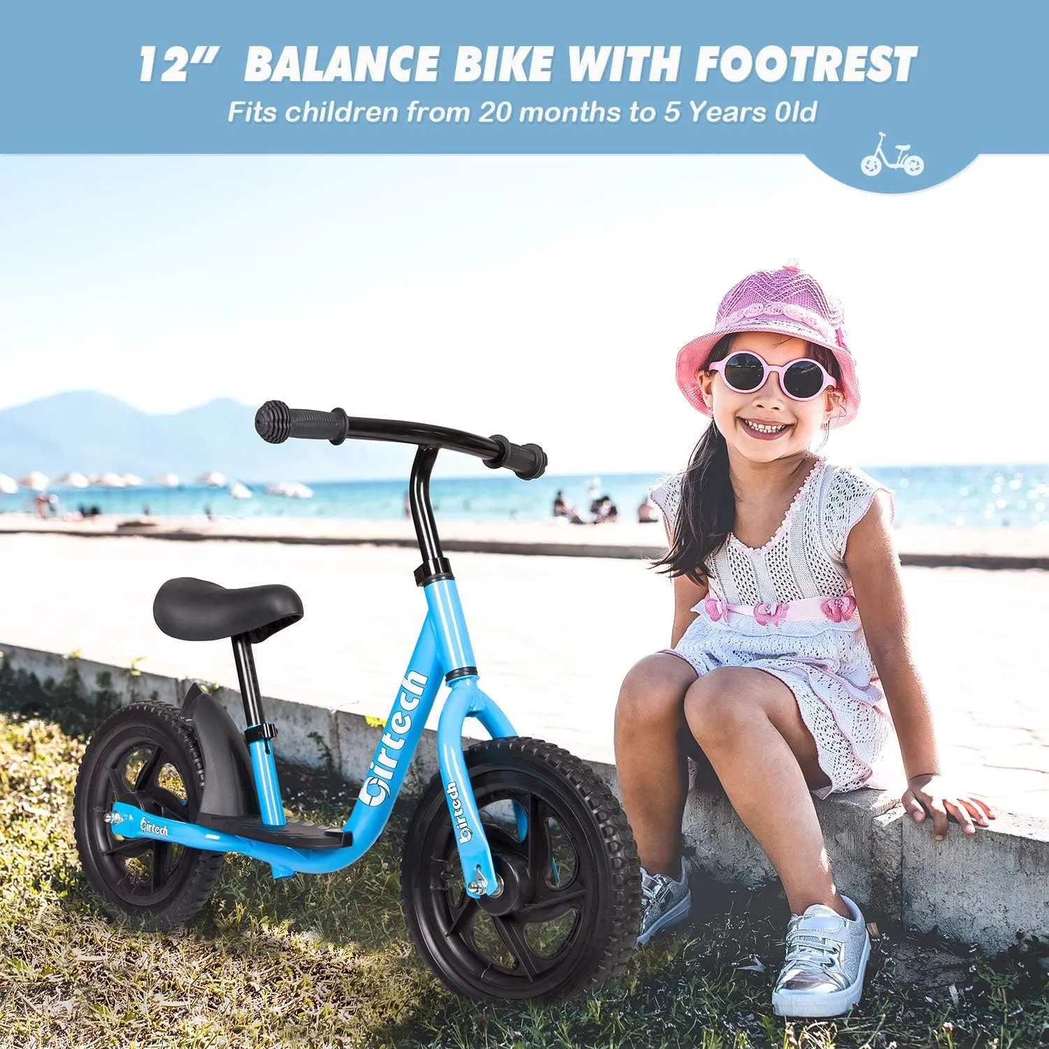 Balance Bike for 2-6 Year Old, 12 Inch Toddler Bike No Pedal Training Bicycle with Adjustable Seat Height, Airless Tire (Blue)