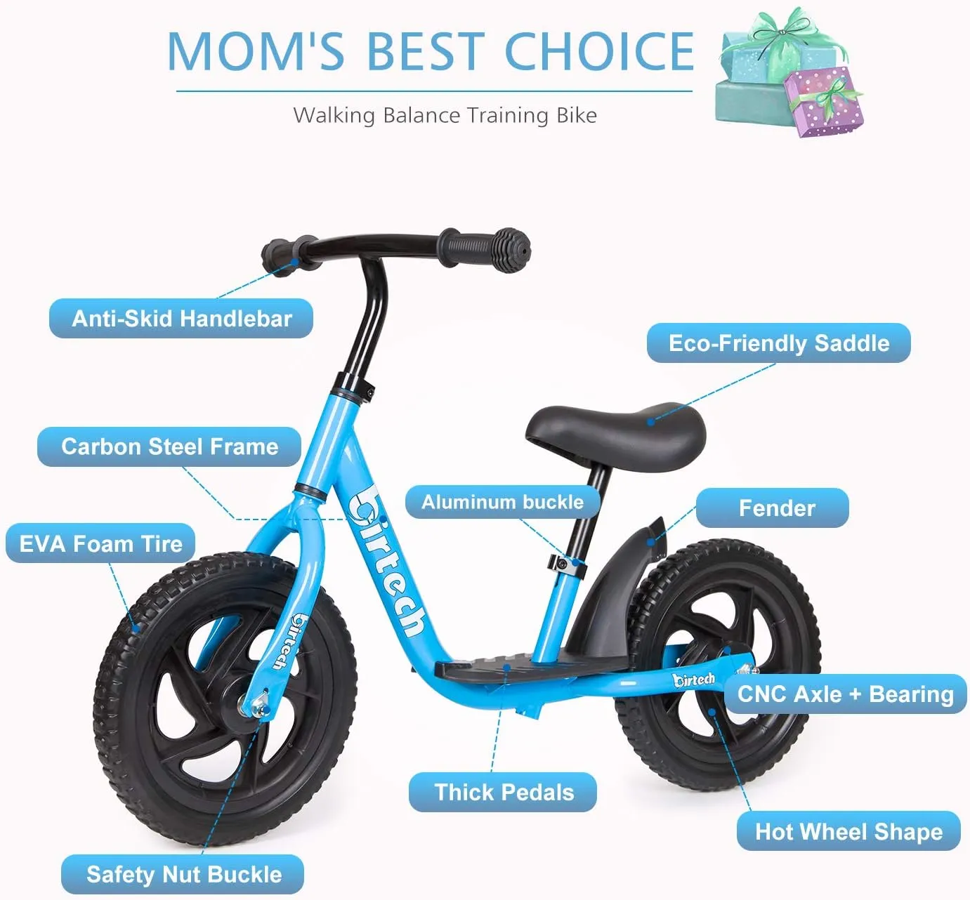 Balance Bike for 2-6 Year Old, 12 Inch Toddler Bike No Pedal Training Bicycle with Adjustable Seat Height, Airless Tire (Blue)