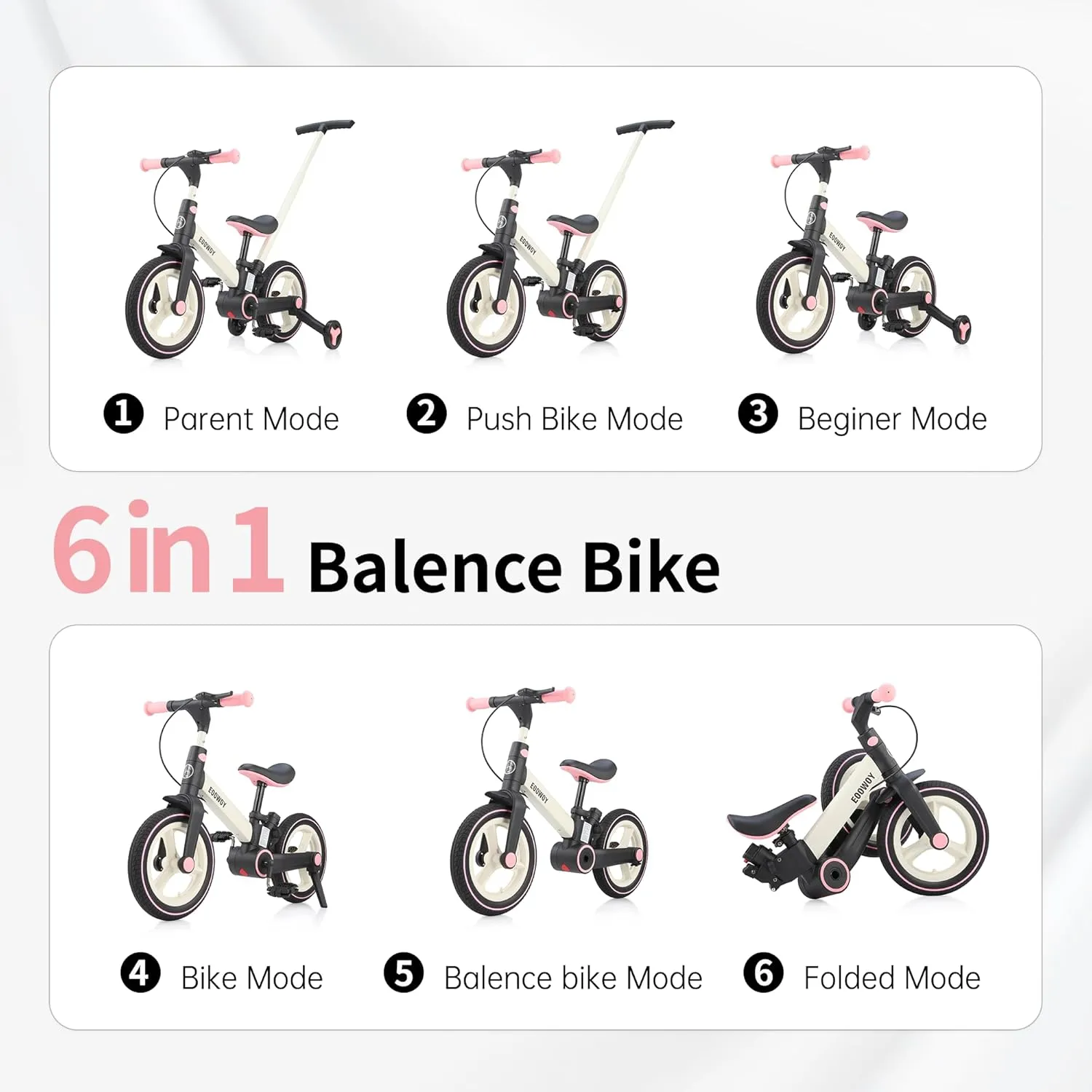 Balance Bike with Push Handle for Kids 18-60 Months, 6 in 1 Foldable Push Bike with Training Wheels & Pedals, Balance Bicycle for Boys and Girls with Brakes & Kickstand