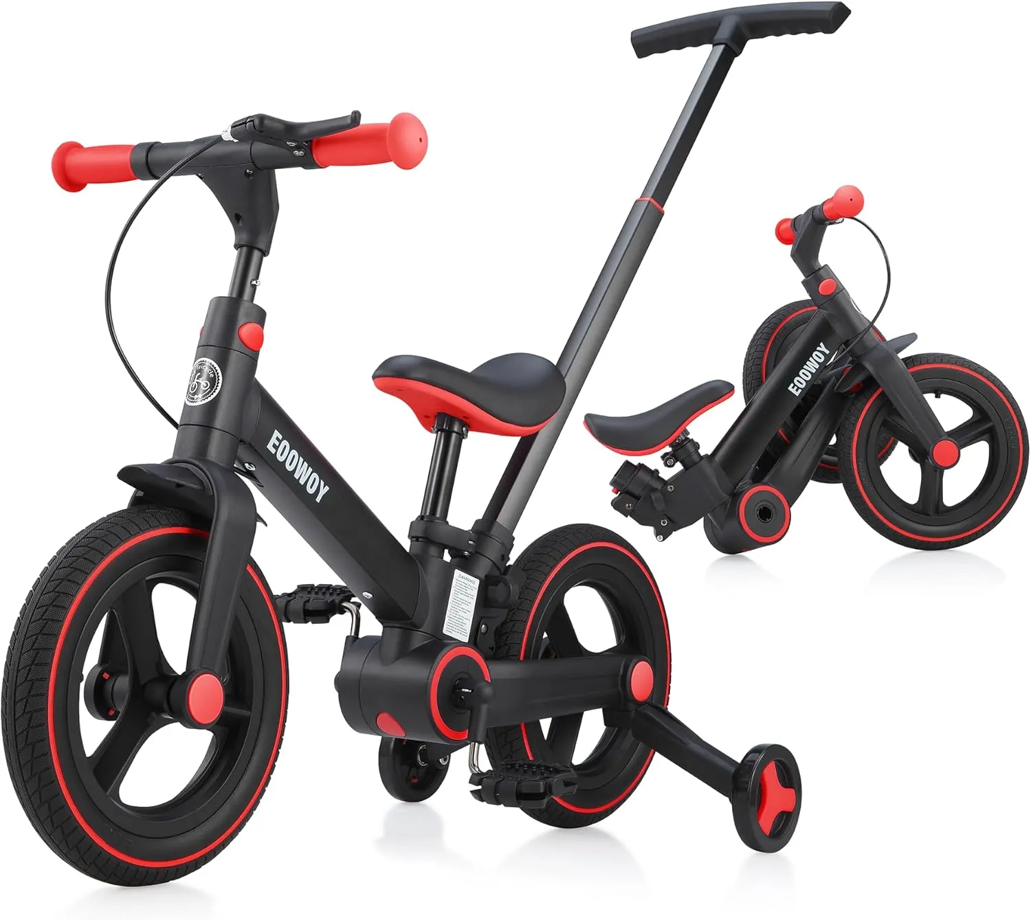 Balance Bike with Push Handle for Kids 18-60 Months, 6 in 1 Foldable Push Bike with Training Wheels & Pedals, Balance Bicycle for Boys and Girls with Brakes & Kickstand