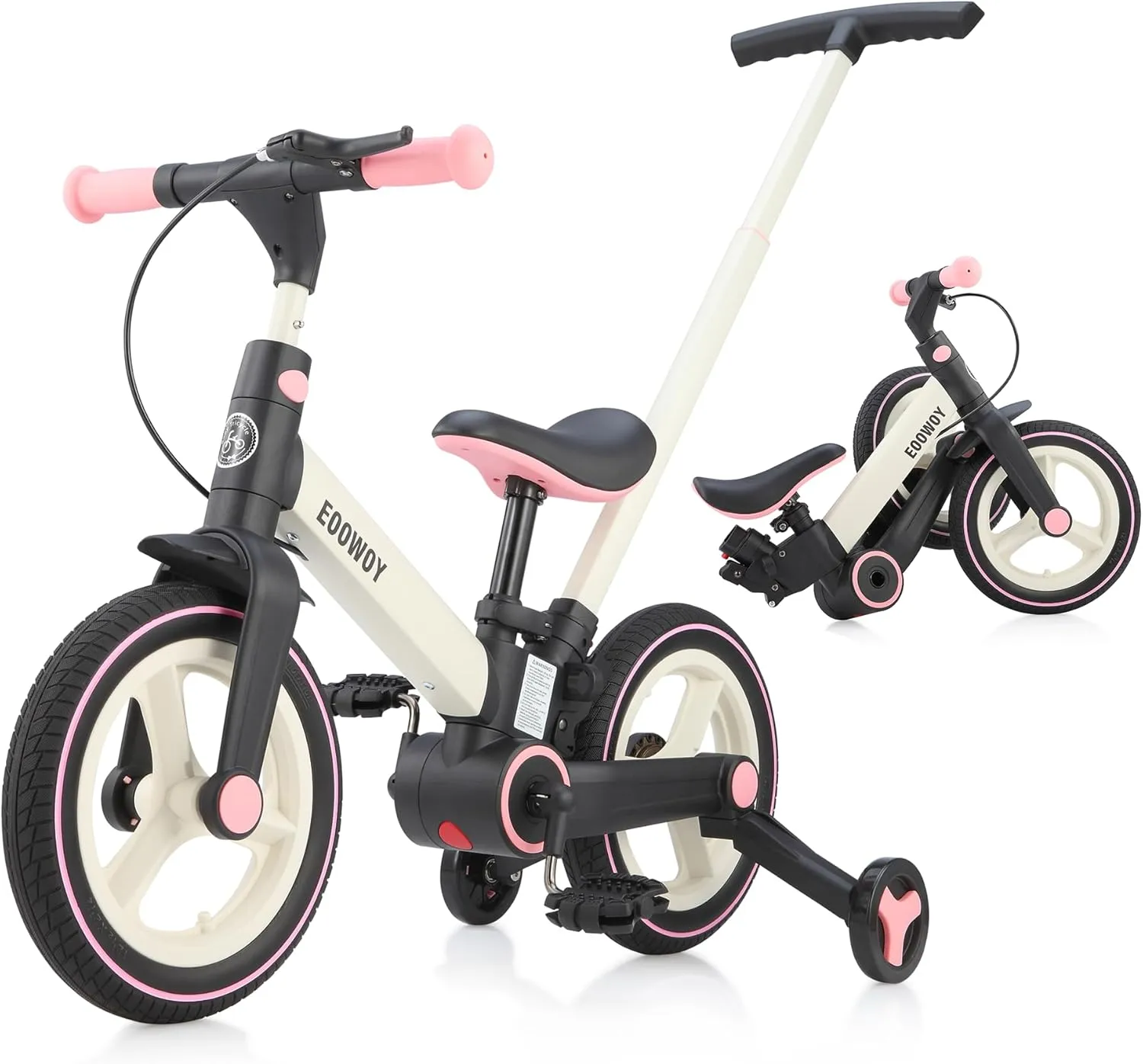 Balance Bike with Push Handle for Kids 18-60 Months, 6 in 1 Foldable Push Bike with Training Wheels & Pedals, Balance Bicycle for Boys and Girls with Brakes & Kickstand