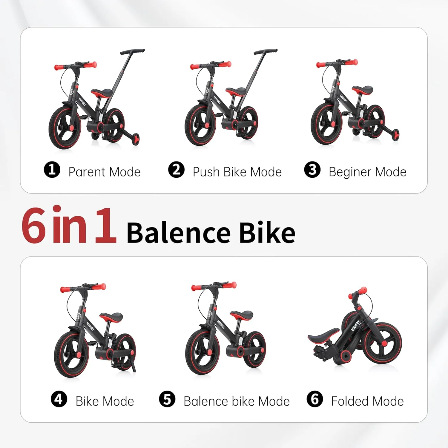 Balance Bike with Push Handle for Kids 18-60 Months, 6 in 1 Foldable Push Bike with Training Wheels & Pedals, Balance Bicycle for Boys and Girls with Brakes & Kickstand
