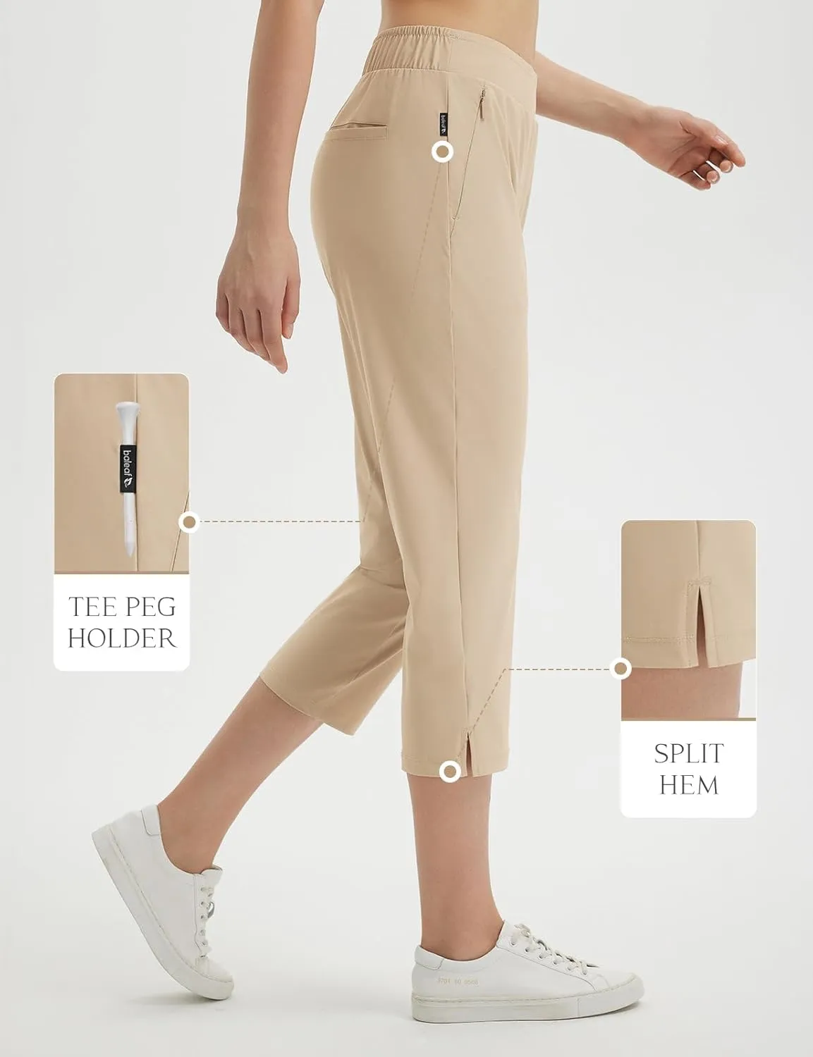 baleaf 20'' Women Capris with Pockets Stretch Golf Work Dress Cropped Pants Straight Leg High Waisted Pull On Summer
