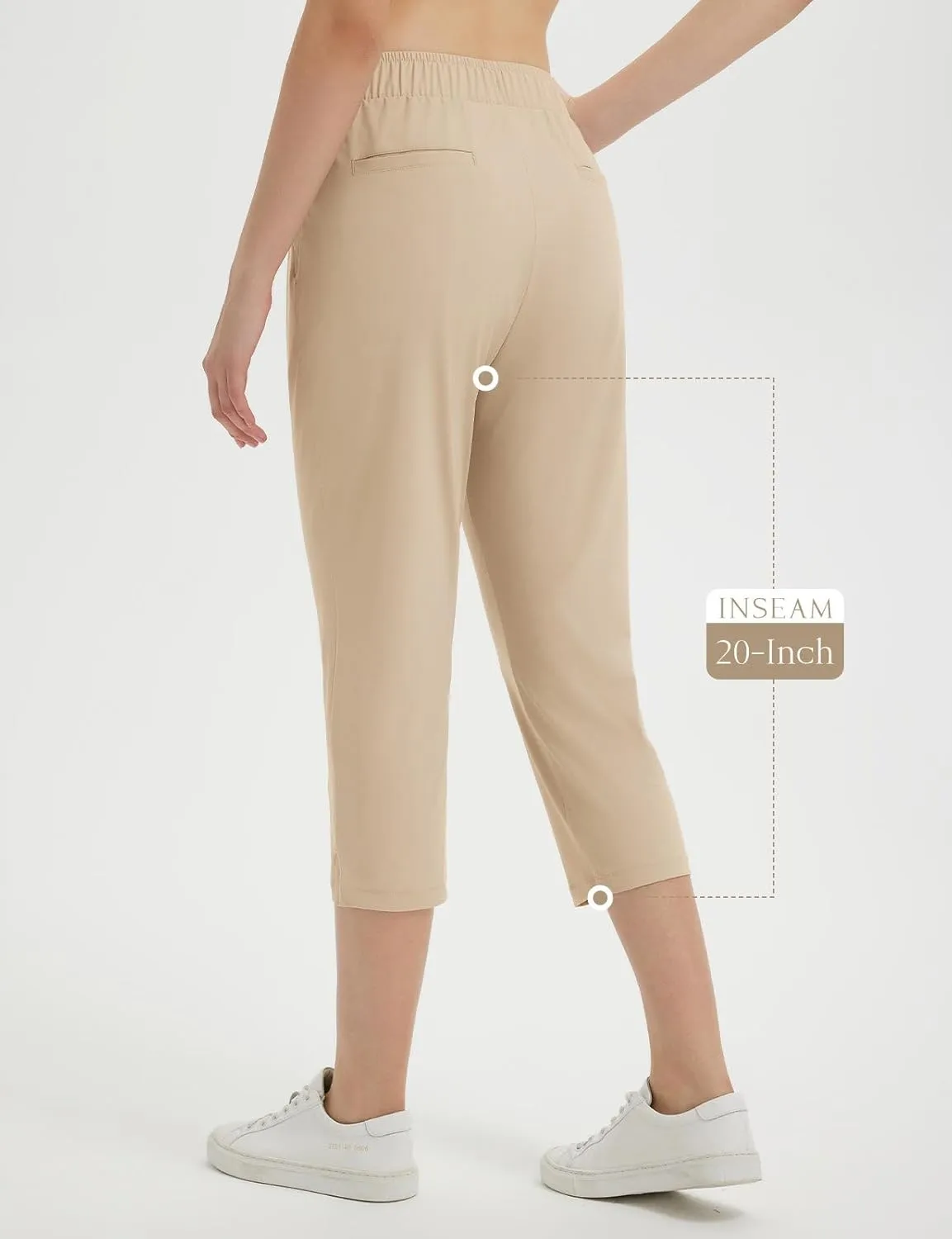 baleaf 20'' Women Capris with Pockets Stretch Golf Work Dress Cropped Pants Straight Leg High Waisted Pull On Summer