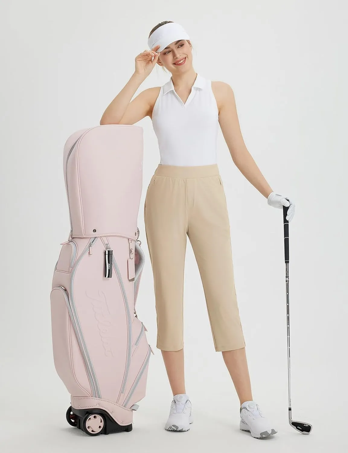 baleaf 20'' Women Capris with Pockets Stretch Golf Work Dress Cropped Pants Straight Leg High Waisted Pull On Summer