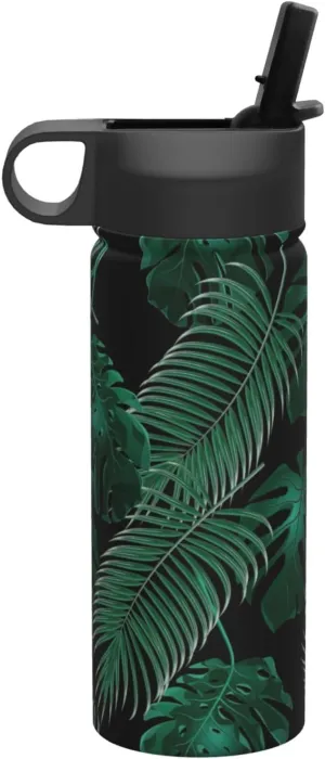 Banana Leaf Green Print Flask Stainless Steel Water Bottle with Straw 18OZ FOR Outdoor Gym Commute