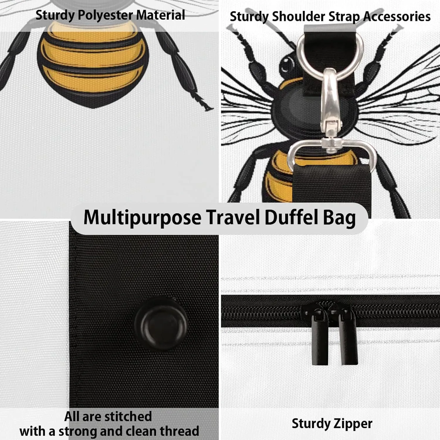 Bee Duffle Bag for Travel, Overnight Weekend Gym Carry On Luggage Bag, Yellow Bee Travel Duffel Bag for Men Women