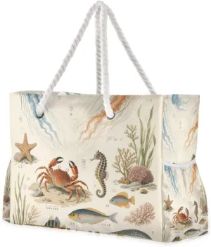 Beige Vintage Marine Animal Specimens Bag Portable Travel Bag Waterproof Sandproof with side pockets Large Tote Bags Women for Swim Pool