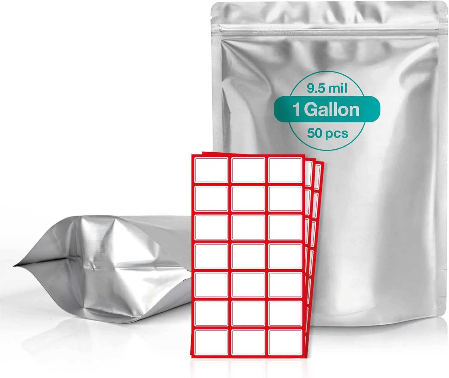 BELLE KR® 50 Pcs 1 Gallon Mylar Bags for Food Storage - 9.5 mil - Stand-up Gal Mylar Bags Reseaable - Includes Label