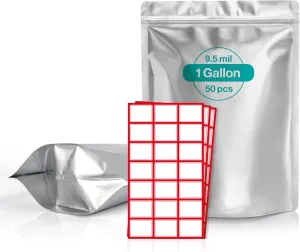BELLE KR® 50 Pcs 1 Gallon Mylar Bags for Food Storage - 9.5 mil - Stand-up Gal Mylar Bags Reseaable - Includes Label