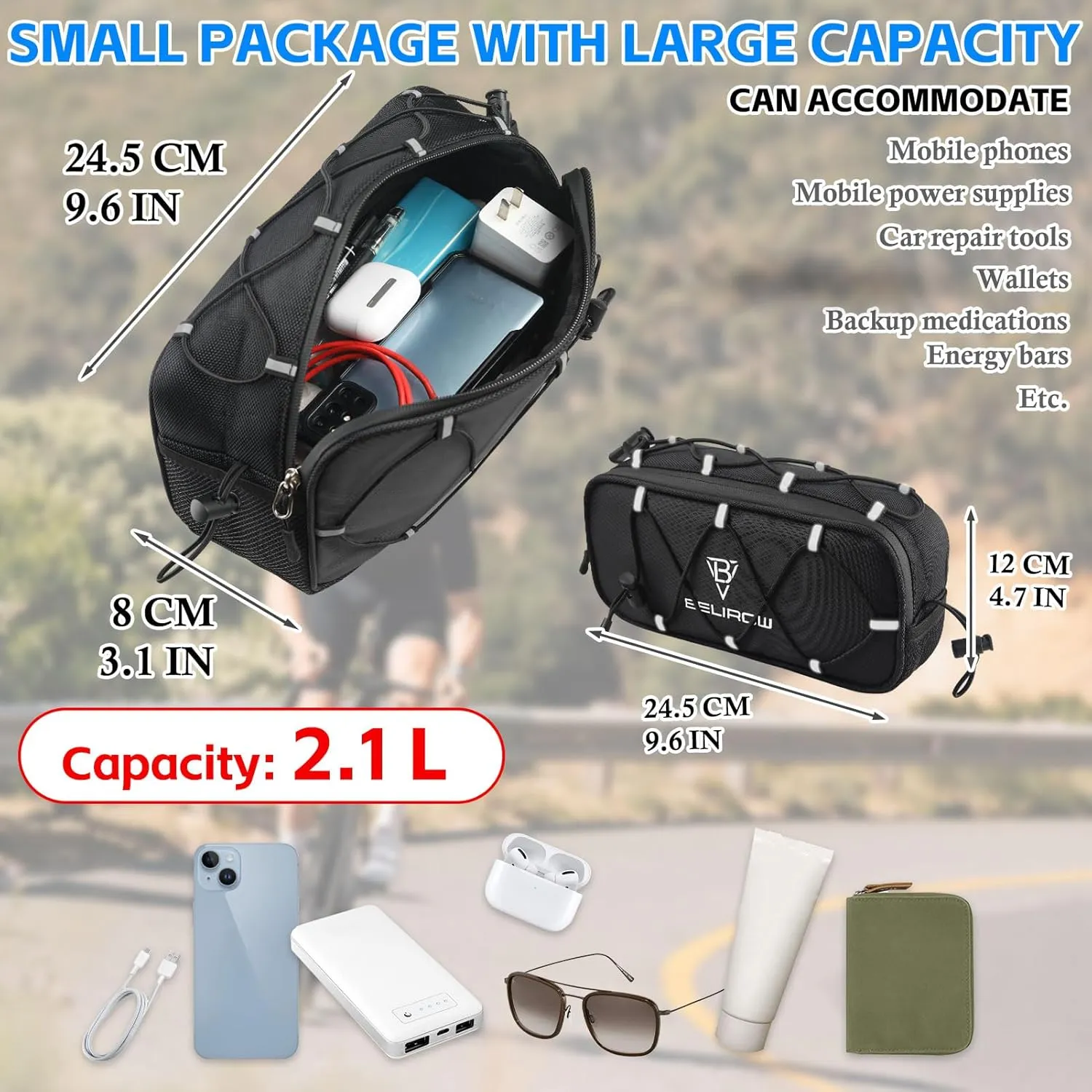 Bike Handlebar Bag, 2.1L Reflective Front Frame Pouch, Mild Waterproof and Hardening of the Shell, Road Mountain Bicycle Professional Travel Accessories, Installable Cycling Seat Storage Bags