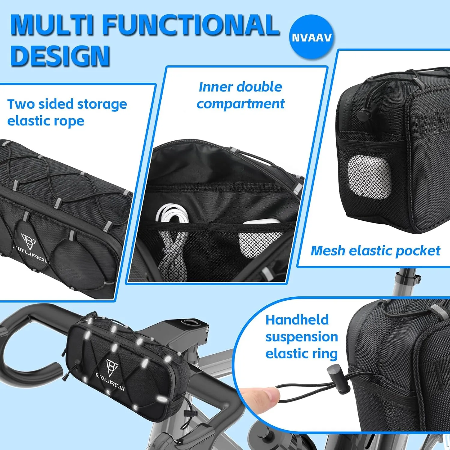 Bike Handlebar Bag, 2.1L Reflective Front Frame Pouch, Mild Waterproof and Hardening of the Shell, Road Mountain Bicycle Professional Travel Accessories, Installable Cycling Seat Storage Bags