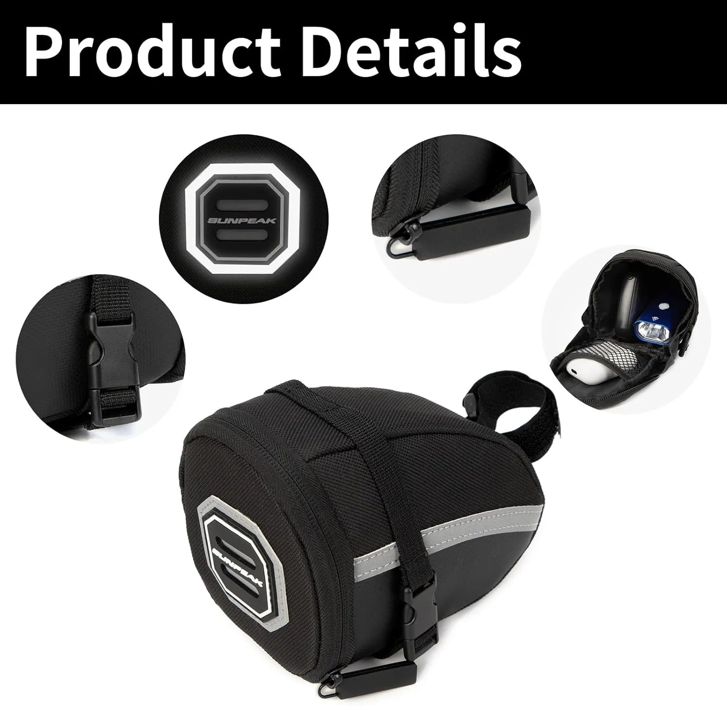 Bike Seat Bag Bicycle Saddle Bag Under Seat Waterproof Reflective Cycling Saddle Pack for Mountain Road Bikes Black