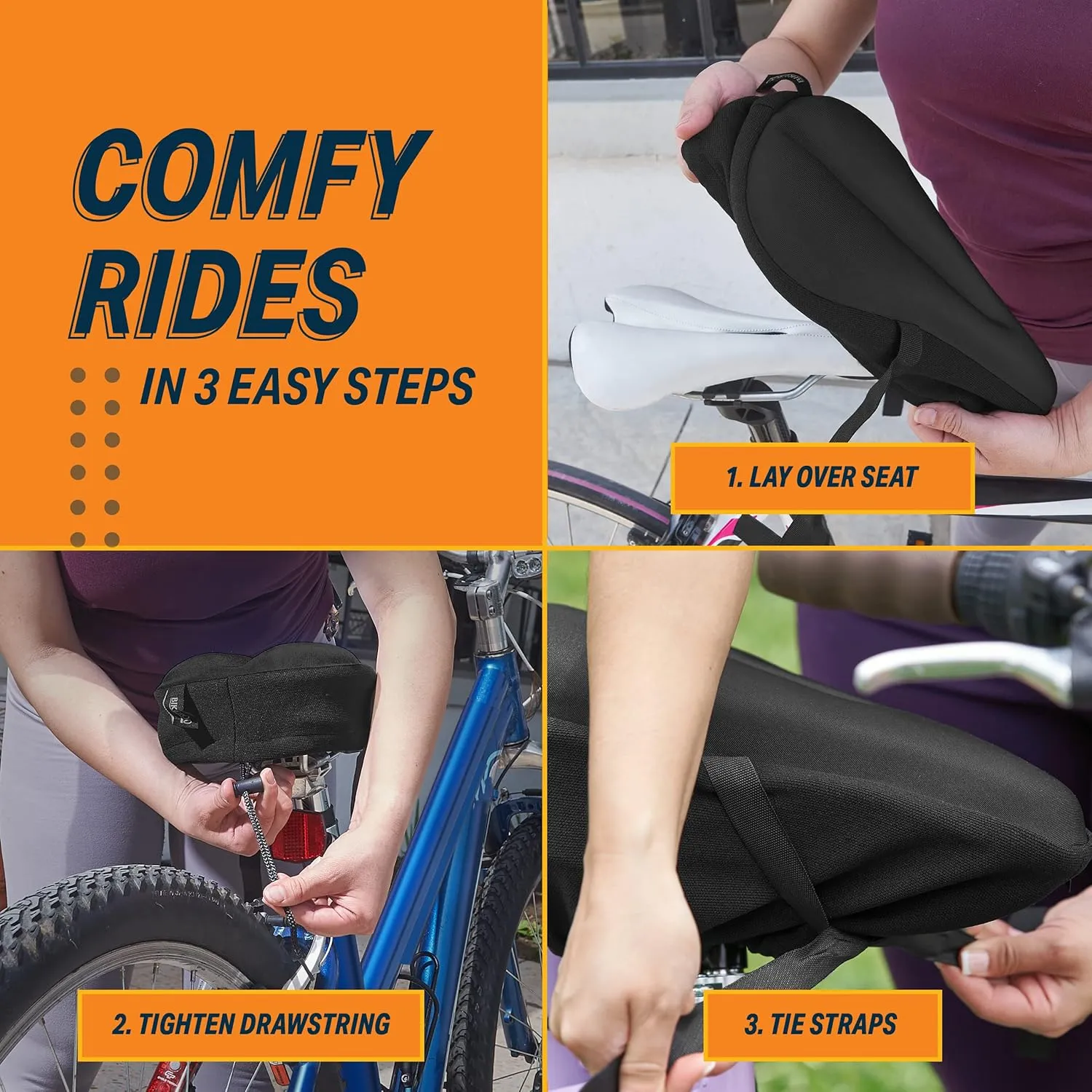 Bikeroo Comfort Bike Seat Cushion - Padded Gel Cover for Exercise, Mountain & Road Bikes, Universal Fit for Peloton & Stationary Bikes