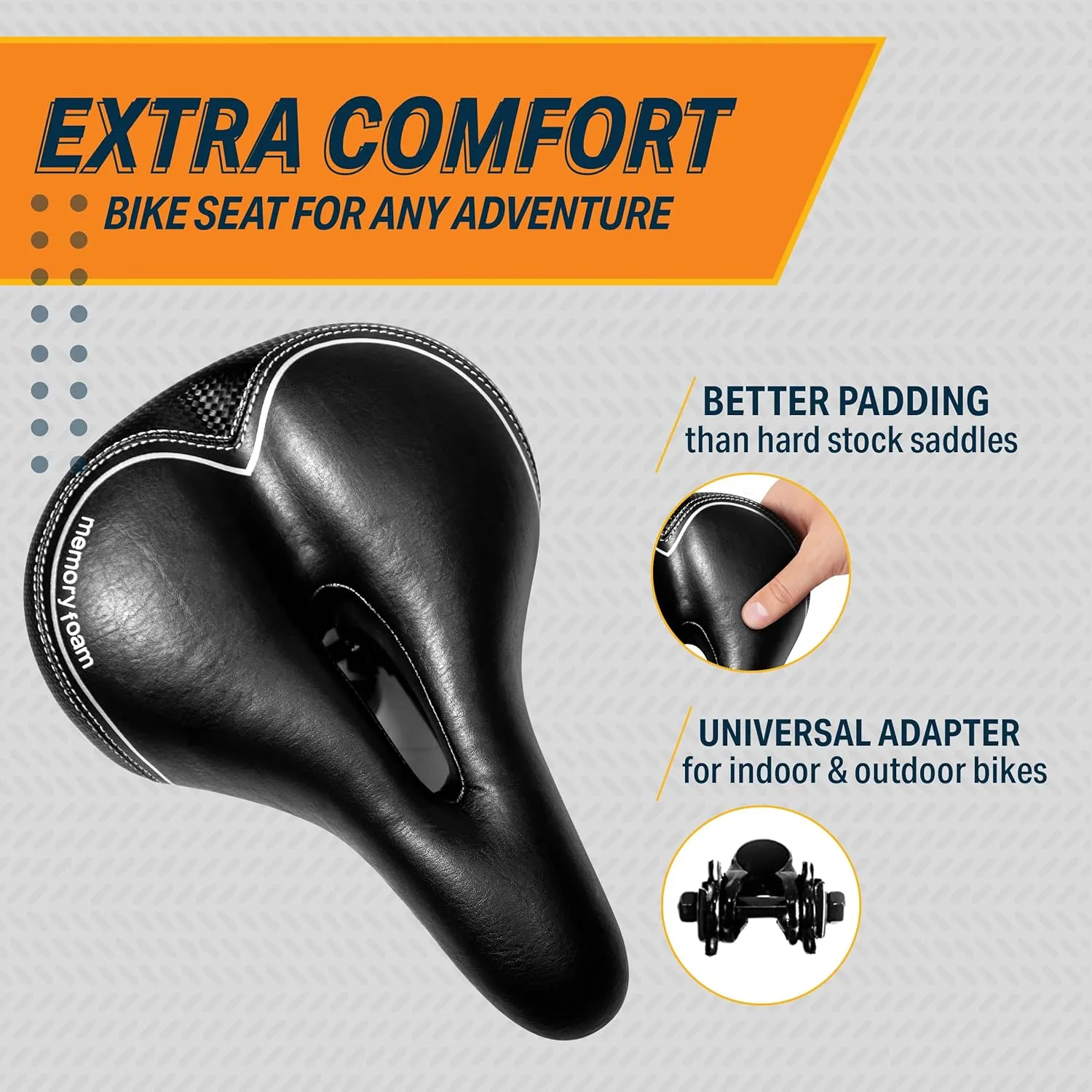 Bikeroo Extra Wide Replacement Saddle - Fits Indoor & Outdoor Bicycles - Steel Spring & Elastomer Suspension - Center Cutout - Memory Foam