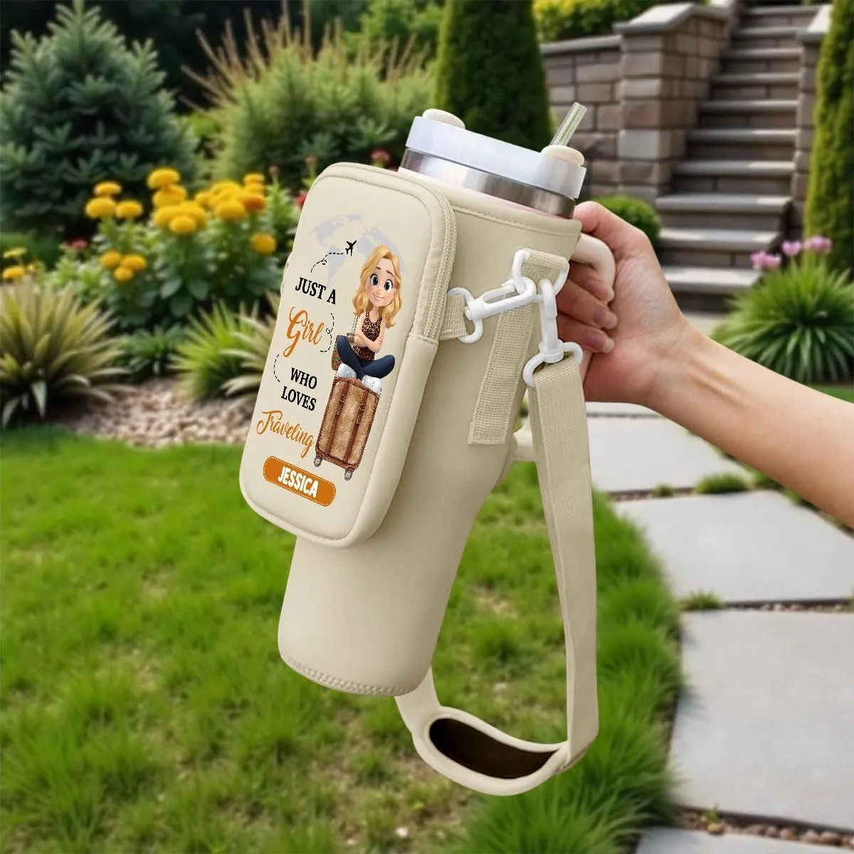 Birthmonth Flower Bottle Carrier Bag - Personalized Pouch Holder for 40Oz Tumbler with Strap and Zipper Pocket for Phone and Accessories, Gifts for Women Friends Sisters Bridemaids (B04)