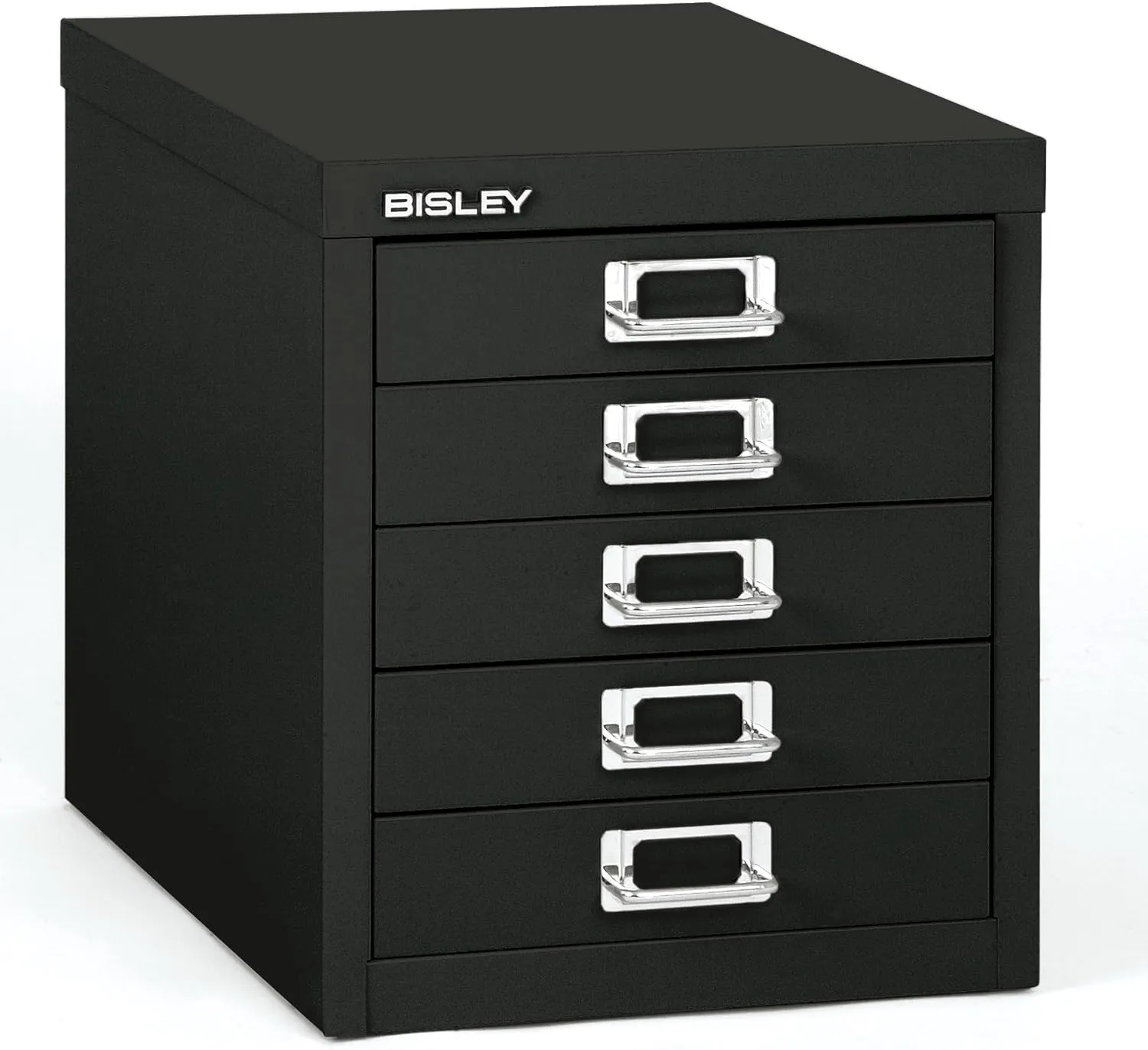 Bisley 5-Drawer Steel MultiDrawer Cabinet - Black, Chrome Pull Handles with Label Holders, Powder-Coated Steel, Removable Drawers, Desktop Storage, Labels Included