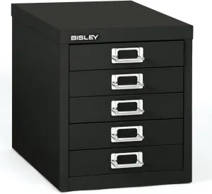 Bisley 5-Drawer Steel MultiDrawer Cabinet - Black, Chrome Pull Handles with Label Holders, Powder-Coated Steel, Removable Drawers, Desktop Storage, Labels Included