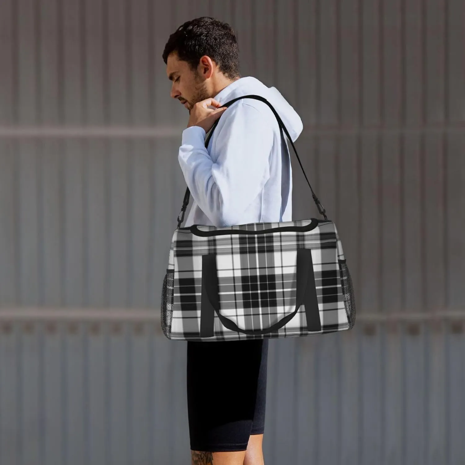 Black And White Plaid Travel Duffel Bag Large Foldable Waterproof Overnight Bag For Beach Swim Bags Pool Sports Gym