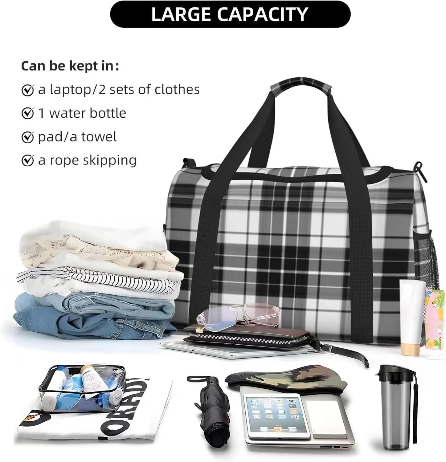 Black And White Plaid Travel Duffel Bag Large Foldable Waterproof Overnight Bag For Beach Swim Bags Pool Sports Gym