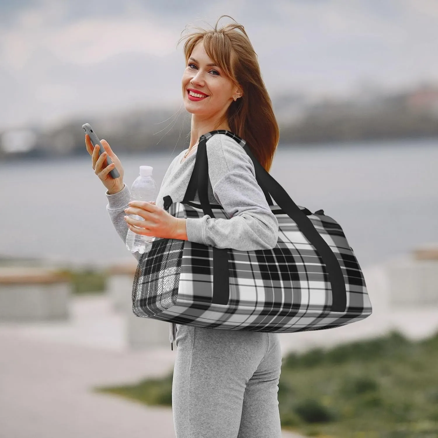 Black And White Plaid Travel Duffel Bag Large Foldable Waterproof Overnight Bag For Beach Swim Bags Pool Sports Gym