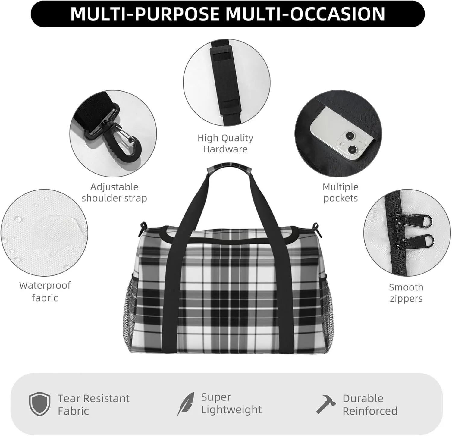 Black And White Plaid Travel Duffel Bag Large Foldable Waterproof Overnight Bag For Beach Swim Bags Pool Sports Gym