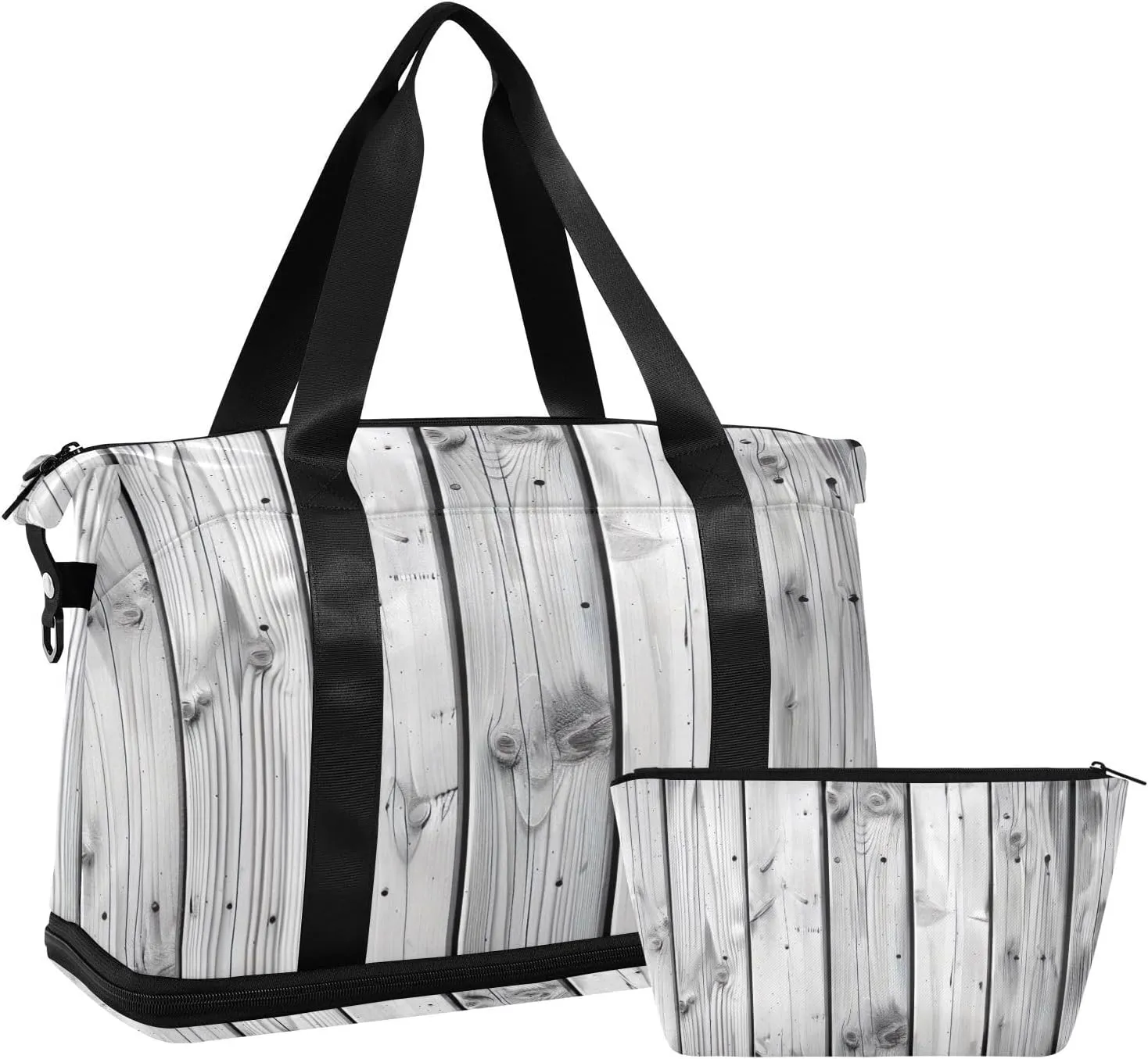 Black and White Wood Duffel Bag Lightweight Carry On Gym Bags for Travel and Weekends, Versatile Overnight Bag with Shoe Compartment