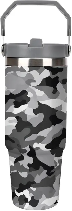 Black Grey White Camo Car Cup Large Capacity Vacuum Insulated Water Bottle Tumbler Fits in Car Cup Holder Leak-proof Stainless Steel Travel Mug for Home Office Outdoors