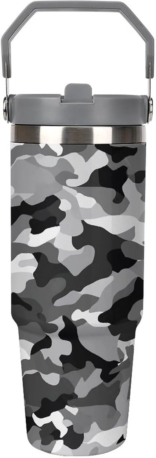 Black Grey White Camo Car Cup Large Capacity Vacuum Insulated Water Bottle Tumbler Fits in Car Cup Holder Leak-proof Stainless Steel Travel Mug for Home Office Outdoors