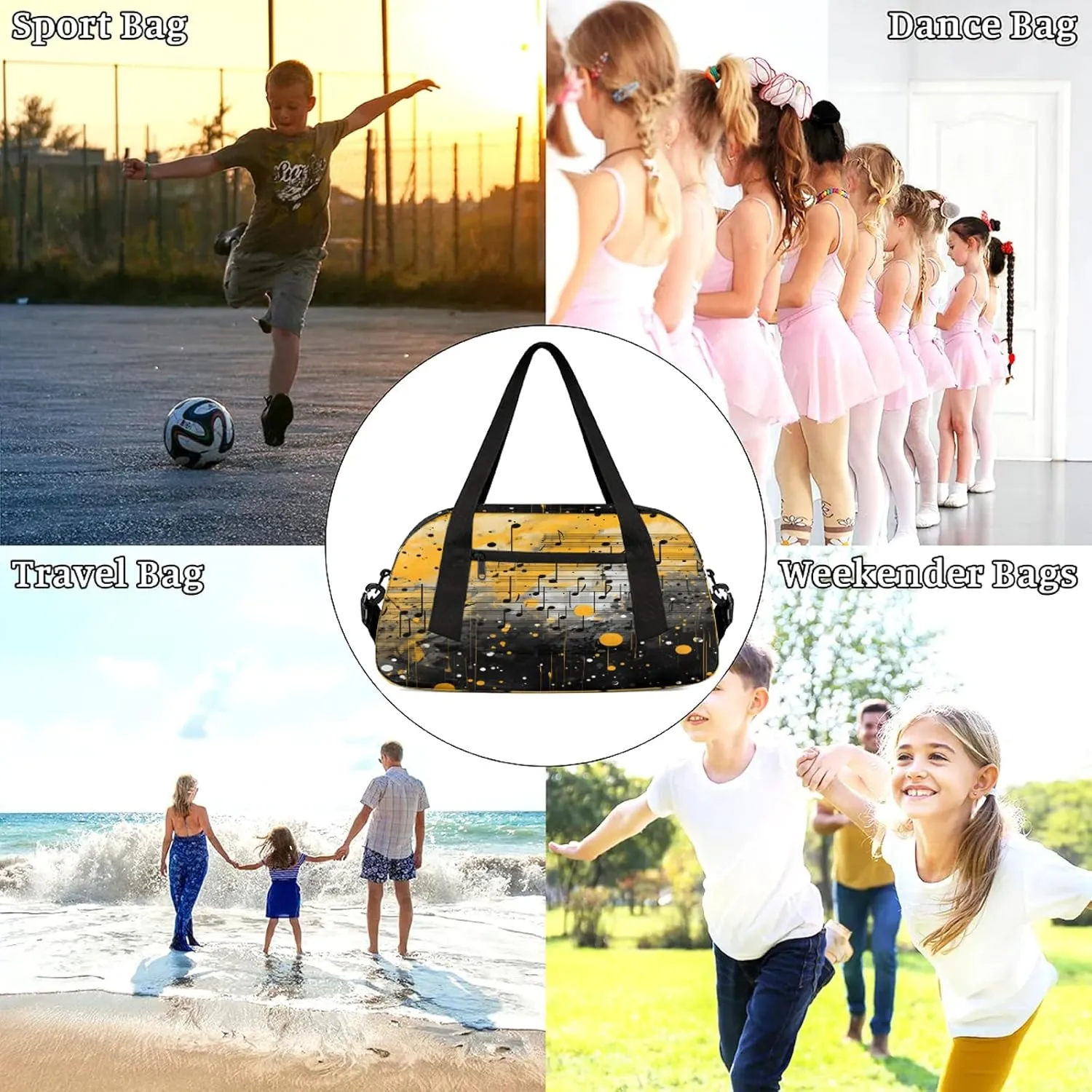 Black Music Note Kids Duffel Bag Lightweight Waterproof Sports Gym Bag with Front Zipper Pocket Foldable Weekender Overnight Bag for School Practice Gymnastic Ballet