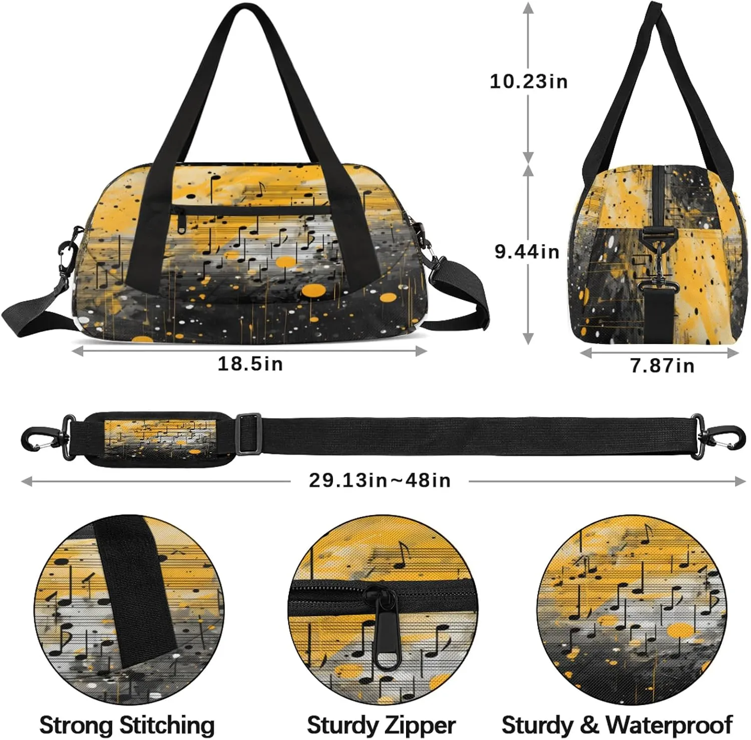 Black Music Note Kids Duffel Bag Lightweight Waterproof Sports Gym Bag with Front Zipper Pocket Foldable Weekender Overnight Bag for School Practice Gymnastic Ballet