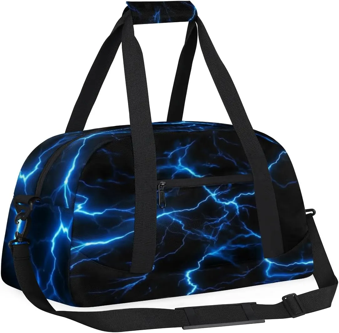 Blue Lightning Bolt Kids Overnight Weekender Duffel Travel Bags for Boys - Gym, Sports, Dance, Collapsible, Waterproof, Carry-On