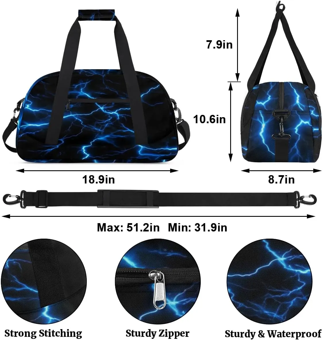Blue Lightning Bolt Kids Overnight Weekender Duffel Travel Bags for Boys - Gym, Sports, Dance, Collapsible, Waterproof, Carry-On
