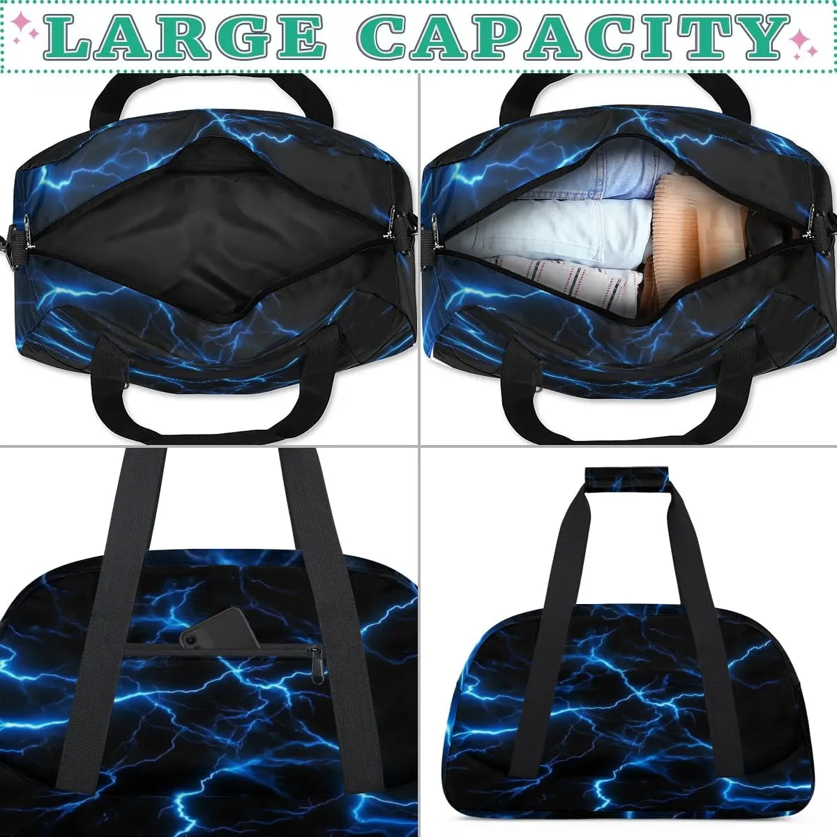 Blue Lightning Bolt Kids Overnight Weekender Duffel Travel Bags for Boys - Gym, Sports, Dance, Collapsible, Waterproof, Carry-On