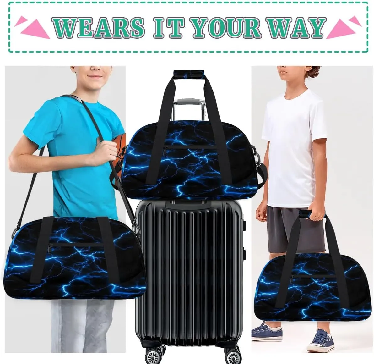 Blue Lightning Bolt Kids Overnight Weekender Duffel Travel Bags for Boys - Gym, Sports, Dance, Collapsible, Waterproof, Carry-On