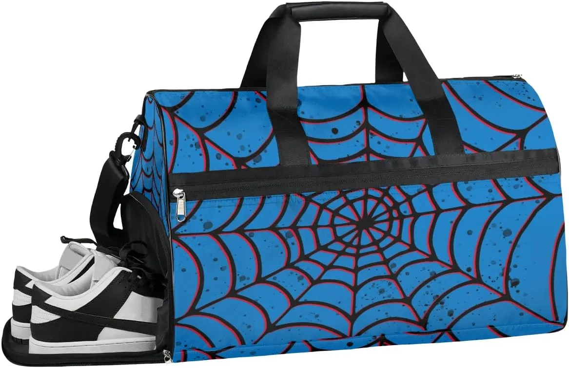 Blue Spider Web Kids Overnighter Duffel Bags for Boys Girls, Carry-On Size Sports Gym Bag with Shoe Compartments for School Practice or Overnight Travel Weekender Sleepover Tote Bag