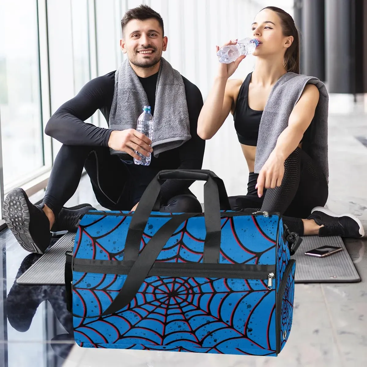 Blue Spider Web Kids Overnighter Duffel Bags for Boys Girls, Carry-On Size Sports Gym Bag with Shoe Compartments for School Practice or Overnight Travel Weekender Sleepover Tote Bag