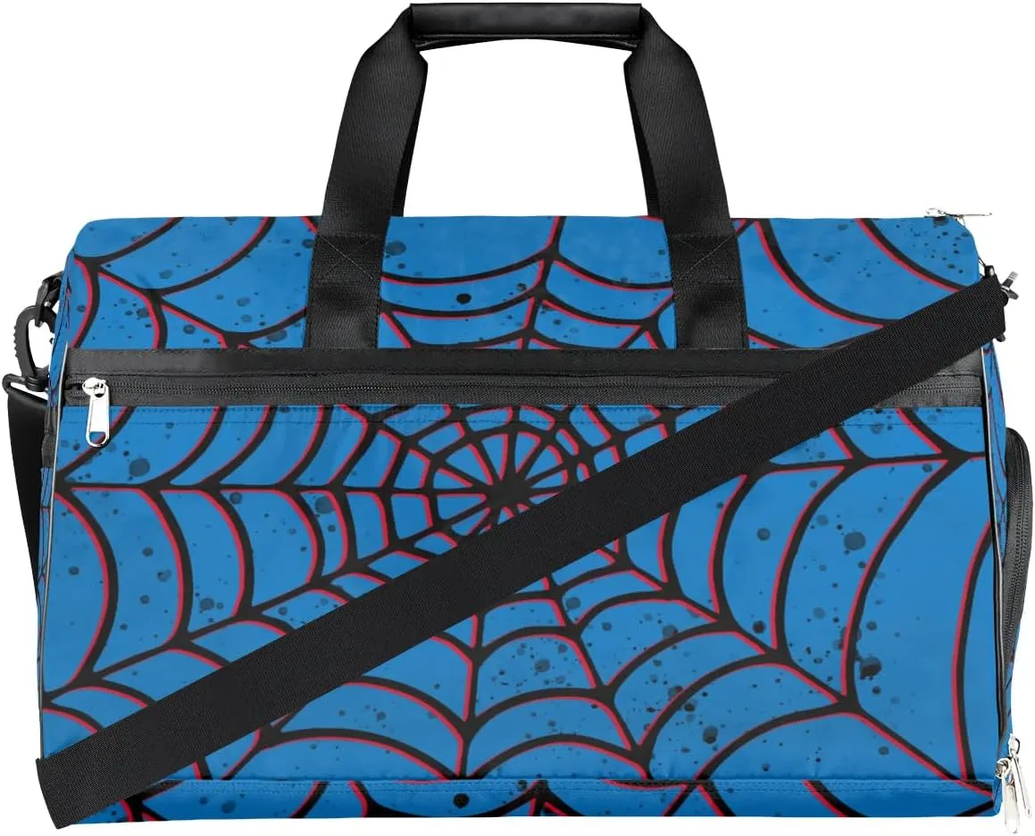 Blue Spider Web Kids Overnighter Duffel Bags for Boys Girls, Carry-On Size Sports Gym Bag with Shoe Compartments for School Practice or Overnight Travel Weekender Sleepover Tote Bag