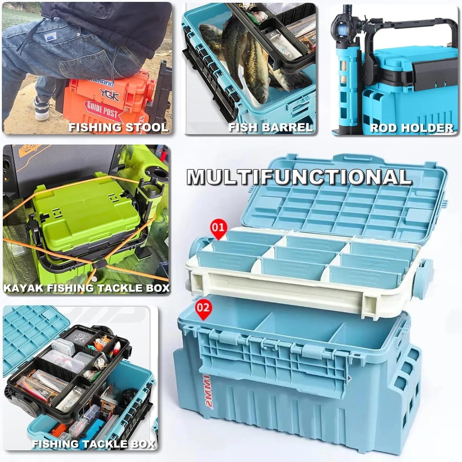 Blue Wave Multifunctional Fishing Tackle Box with Rod Holder - 12L Live Fish Bait Bucket