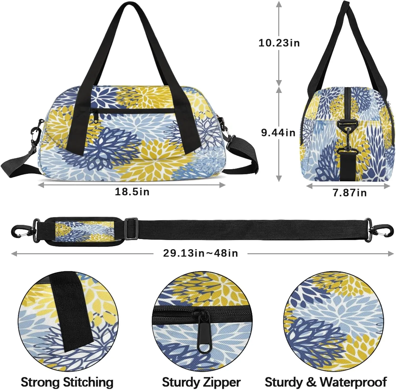 Blue Yellow Dahlia Flower Kids Duffel Bag Lightweight Waterproof Sports Gym Bag with Front Zipper Pocket Foldable Weekender Overnight Bag for School Practice Gymnastic Ballet