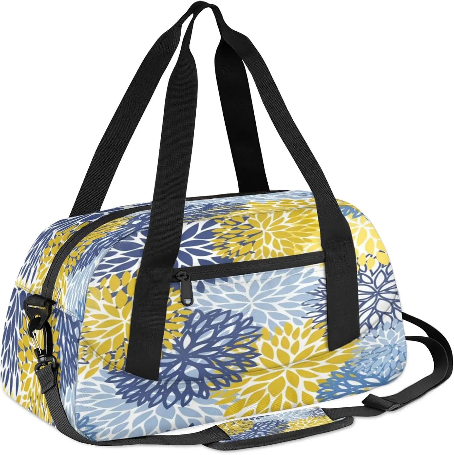 Blue Yellow Dahlia Flower Kids Duffel Bag Lightweight Waterproof Sports Gym Bag with Front Zipper Pocket Foldable Weekender Overnight Bag for School Practice Gymnastic Ballet