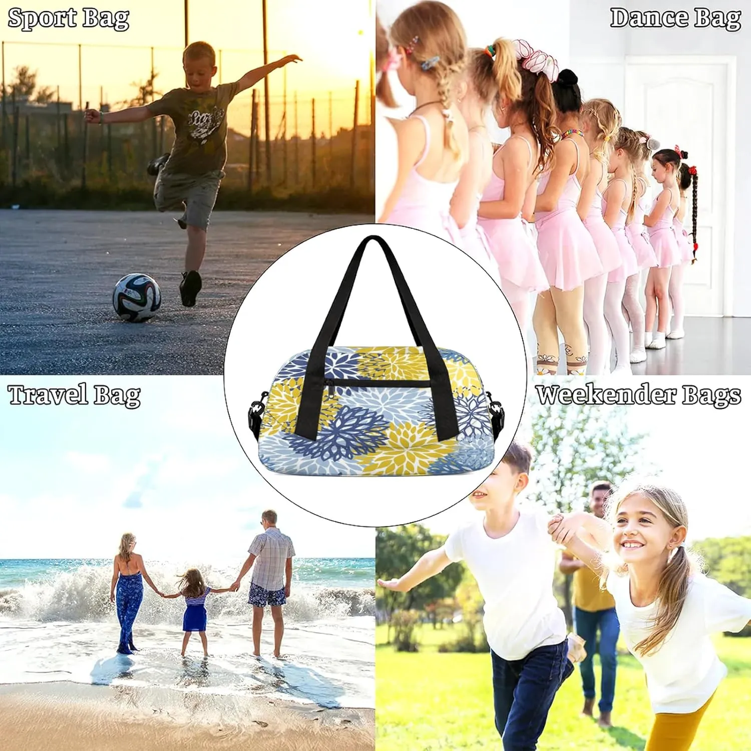 Blue Yellow Dahlia Flower Kids Duffel Bag Lightweight Waterproof Sports Gym Bag with Front Zipper Pocket Foldable Weekender Overnight Bag for School Practice Gymnastic Ballet